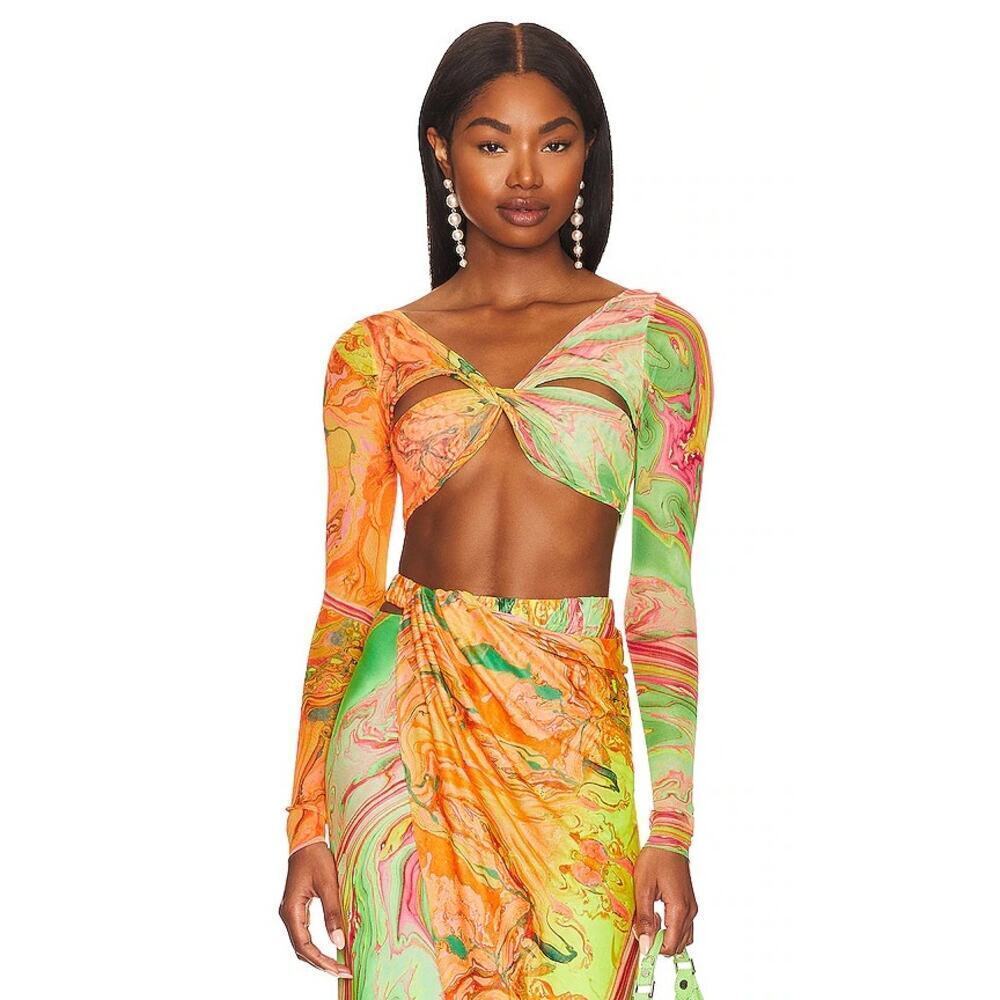 Agua Bendita x Revolve Percy Crop Top Sz Small NWT Tie Dye Marble Mesh Resort